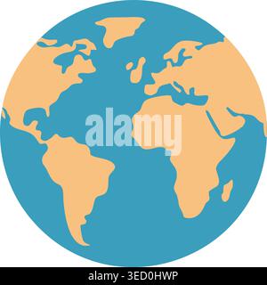 Semplice illustrazione di un globo mondiale che mostra oceani blu e continenti abbronzati Illustrazione Vettoriale