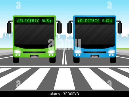 Guida in autobus elettrico in città. Energia ecologica o concetto ecologico. Concetto di trasporto futuristico. Illustrazione vettoriale. Illustrazione Vettoriale