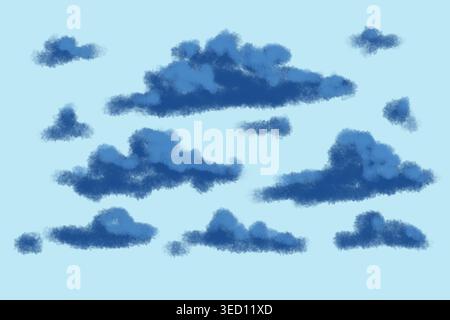 Morbide e soffici nuvole che fluttuano in un cielo azzurro. Illustrazione nuvola disegnata a mano dal design minimalista con un'atmosfera tranquilla e da sogno Foto Stock