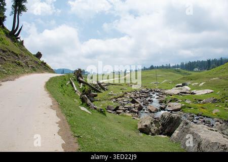 Una splendida vista panoramica con una strada lastricata che si snoda lungo una collina erbosa, un torrente roccioso che scorre attraverso la valle e alberi lontani sotto Foto Stock