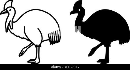 Icone cassowary. Illustrazioni vettoriali in bianco e nero. Uccello tropicale di grandi dimensioni senza volo. Cassowary con gambe lunghe, piume, becco e cresta sulla testa. Fil Illustrazione Vettoriale