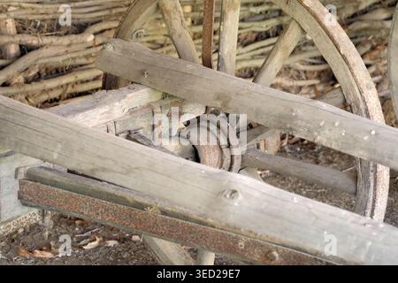 La vecchia ruota di legno poggia su una recinzione intrecciata, raccontando storie di storia e utilità. Foto Stock