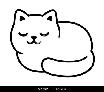 Carino gatto dormiente del cartone animato. Semplice disegno di linee in bianco e nero, illustrazione grafica vettoriale isolata. Illustrazione Vettoriale