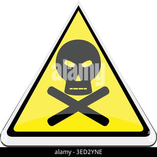 Cartello di pericolo tossico con cranio e ossa incrociate in un triangolo giallo. Simbolo universale per veleno, pericolo chimico e sostanze pericolose. Illustrazione Vettoriale