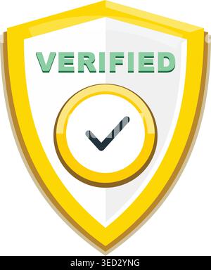 Icona dello scudo dorato con segno di spunta bianco e testo verificato. Badge di garanzia di qualità e sigillo di sicurezza per la convalida di siti Web e prodotti. Illustrazione Vettoriale
