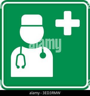 Segno del Dottore verde. Icona vettoriale. Segnale di pronto soccorso. Situazione di emergenza sul lavoro. Medicina e industria Illustrazione Vettoriale
