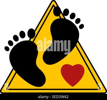 Cartello giallo Baby On Board. Icona vettoriale. Cartello stradale umoristico. Adesivo per auto. Piedi e cuore del bambino Illustrazione Vettoriale