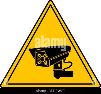 Segnale di avvertimento CCTV giallo. Icona vettoriale. Adesivo triangolare. Avviso di telecamera CCTV installata Illustrazione Vettoriale