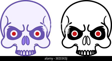 Icone del cranio con occhi rossi. Icone vettoriali del teschio umano inquietante. Epidemia di zombie. Concetto di Halloween Illustrazione Vettoriale