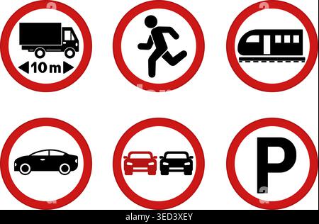 Indicazioni per Red Prohibitory Road. Icone vettoriali. Limite di lunghezza e attraversamento ferroviario. Nessun parcheggio, sorpasso, movimento di auto, arresto Illustrazione Vettoriale