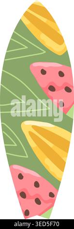 Illustrazione vettoriale della tavola da surf in stile piatto con motivi tropicali. Ideale per design estivi, decorazioni da spiaggia e promozioni per la cultura del surf. Perfetto Illustrazione Vettoriale