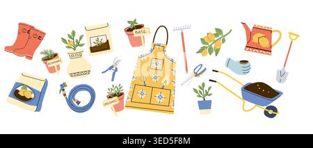 Set di articoli da giardinaggio, erbe aromatiche e accessori in stile cartoni animati. Comprende pentole, lattine da innaffiare, guanti e varie piante. Ideale per il giardinaggio Illustrazione Vettoriale