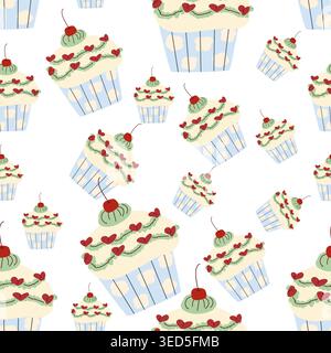 Una fantasia di cupcake senza cuciture in un cartoni animati piatto. Ogni cupcake presenta una ciliegia sulla parte superiore e cuori decorativi, ideale per il confezionamento di dessert, Illustrazione Vettoriale