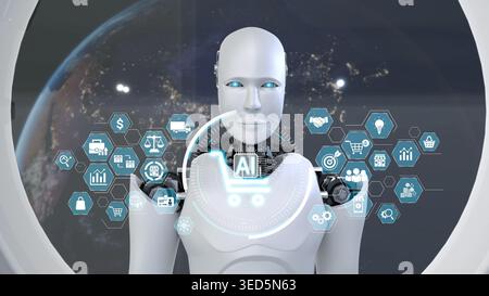 Un robot futuristico si trova davanti a un'interfaccia digitale che visualizza le icone e i dati dell'e-commerce. Questa immagine rappresenta l'intersezione tra tecnologia e. Foto Stock