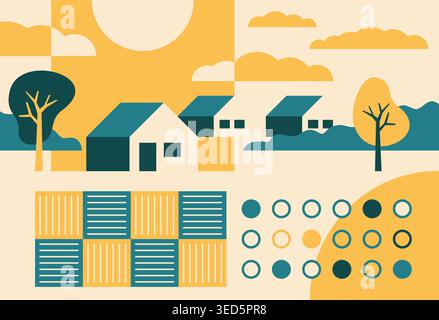Paesaggio astratto in stile cartoni animati, con 4 colori. Scenario rurale con case, campi, alberi, strade e cielo nuvoloso e soleggiato Illustrazione Vettoriale