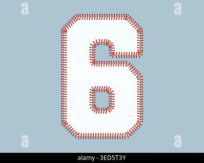 Tipografia sportiva numero 6 stilizzata ispirata al baseball, con numeri audaci delineati con lacci cuciti. Illustrazione Vettoriale