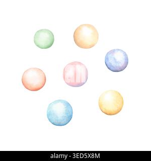 Un set di perline multicolore ad acquerello. Sprinkles per dessert. Cerchi di colore individuale per la decorazione. Sfere 3D per feste e decorazioni natalizie Foto Stock