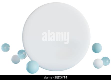 Si tratta di un rendering 3D che mostra una forma rotonda su uno sfondo chiaro. Diverse piccole sfere sono posizionate intorno al cerchio, creando un design semplice. Foto Stock