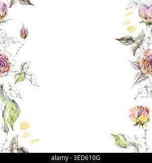 Fiori di rosa a matita disegnati a mano, fiori e foglie di gardenia con una consistenza sciolta di acquerello ed eleganza botanica. Intestazione floreale per un sito romantico Foto Stock