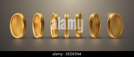 Monete d'oro rotanti in diverse angolazioni. Contesto finanziario realistico per gli investimenti delle imprese. Illustrazione vettoriale Illustrazione Vettoriale
