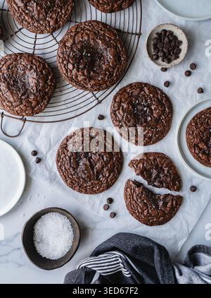 Vista dall'alto dei biscotti al cioccolato appena sfornati. Foto Stock