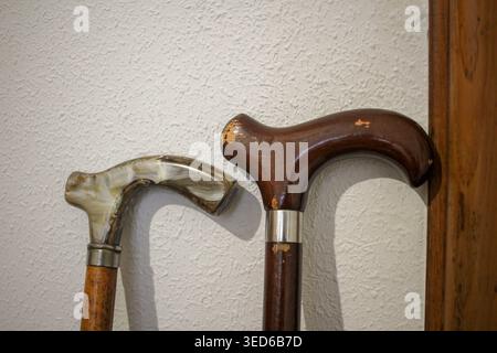 Un primo piano in interni ad alta risoluzione di due distinte canne da passeggio vintage. Sulla sinistra, una canna di legno chiaro con un unico mar grigio lucido e bianco Foto Stock
