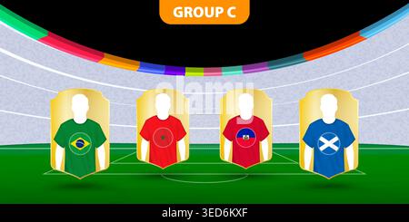 Formazione del gruppo C nello stadio con maglie con bandiere di Brasile, Marocco, Haiti e Scozia. Perfetto per gruppi di tornei, partite e sport Illustrazione Vettoriale