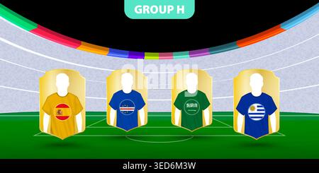 Squadra di calcio H in stadio con maglie con bandiere di Spagna, Capo Verde, Arabia Saudita e Uruguay. Perfetto per gruppi di tornei, partite e Illustrazione Vettoriale