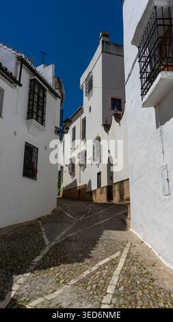 Una bella strada nella città di Ronda con le sue case bianche, l'Andalusia Foto Stock