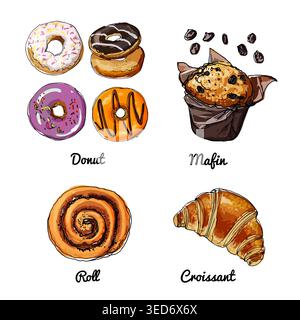 Icone del cibo vettoriale dei prodotti da forno. Schizzo colorato di prodotti alimentari. Ciambelle, muffin, panini Illustrazione Vettoriale