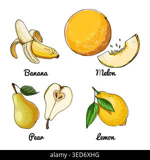 Icone vettoriali del cibo della frutta. Schizzo colorato di prodotti alimentari. Banana, melone, pera. Giallo Illustrazione Vettoriale