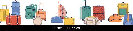 Valigie da viaggio Doodle. Borsa, zaino e valigia, sacchetti di plastica e tessuto per bagagli. Diversi gruppi di bagagli, vacanze, turismo, neoterico Illustrazione Vettoriale