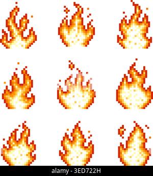 Fiamma di fuoco pixel. Effetti di gioco, grafica ux dell'interfaccia utente in stile 8 16 bit. Risorse di gioco per computer retrò, icone di pixel. Fuoco da campo in fiamme, fiamme da fiamma, ordine Illustrazione Vettoriale