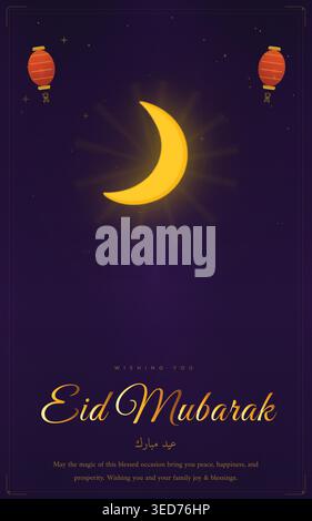 Festeggia Eid Mubarak con questo elegante biglietto d'auguri caratterizzato da una luna crescente e lanterne su un cielo notturno viola. Perfetto per i desideri di vacanza Illustrazione Vettoriale