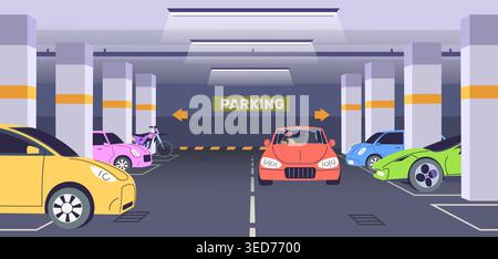 Parcheggio sotterraneo. Parcheggio per veicoli, garage, centro commerciale coperto, seminterrato, parcheggio riservato, parcheggio auto parcheggiate con ingresso a colonne della strada cittadina, edificio urbano, elegante illustrazione vettoriale, opere d'arte originali Illustrazione Vettoriale