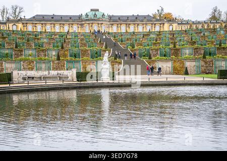 Parco Sanssouci a Potsdam, Germania. Antico edificio con scale a giardino. Natura all'aperto, paesaggio autunnale. Stagno Fontaine Foto Stock