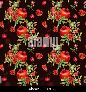 Acquerello motivo senza cuciture melograni interi semi di frutta aperti fiori boccioli e foglie su sfondo bianco. Illustrazione per l'imballaggio della cucina decorata Foto Stock