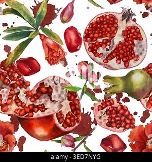 Acquerello motivo senza cuciture melograni interi semi di frutta aperti fiori boccioli e foglie su sfondo bianco. Illustrazione per l'imballaggio della cucina decorata Foto Stock