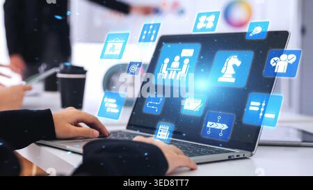 Icone di pianificazione dei progetti che mostrano la gestione aziendale, il lavoro di squadra, la pianificazione, la pianificazione strategica, lo sviluppo dei progetti, organizzazione e definizione degli obiettivi con Foto Stock