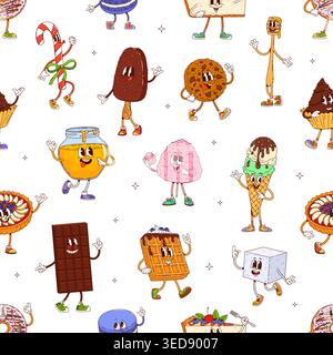 Cartoni animati e personaggi da forno motivo senza cuciture. Sfondo con piastrelle vettoriali con personaggi del cibo da dessert. Divertente cioccolato retrò, cupcake, macaron e waffle, gelato, crostata, caramelle e miele Illustrazione Vettoriale