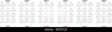 Modelli vettoriali della raccolta di calendari 2027 puliti e semplici in inglese portoghese spagnolo tedesco francese italiano Illustrazione Vettoriale