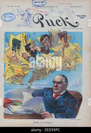 Chromolithograph di Joseph Keppler Jr., 1898. William McKinley (1843-1901), 25° presidente degli Stati Uniti (1897-1901), ignora la guerra della "Yellow Press" per leggere lettere di sostegno pubblico prima dello scoppio della guerra ispano-americana. Foto Stock