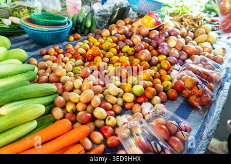 Un vivace bancone all'aperto ospita un'ampia varietà di frutta e verdura fresche, tra cui pomodori, cipolle, carote, cetrioli, e le mele, via Foto Stock