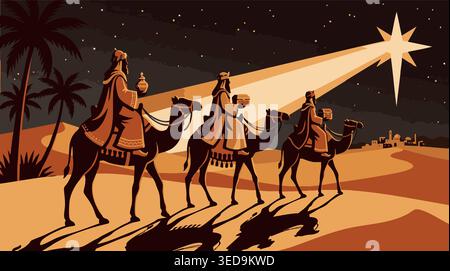 Illustrazione biblica vettoriale dei tre saggi che viaggiano su cammelli seguendo la stella di Betlemme in un paesaggio notturno nel deserto sotto le stelle Illustrazione Vettoriale