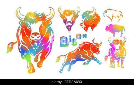 Bison set di oggetti grafici colorati . Disegnato a mano. Non ai, illustrazione vettoriale. Illustrazione Vettoriale