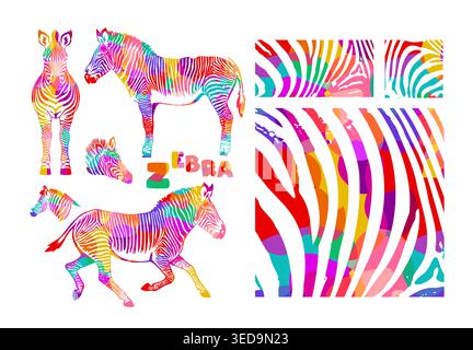 set zebre colorate. Disegnato a mano. Non ai, illustrazione vettoriale. Illustrazione Vettoriale