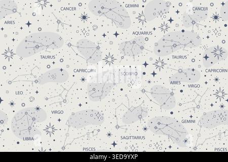 Pattern celeste senza cuciture con costellazioni di stelle e vettore di testo Illustrazione Vettoriale