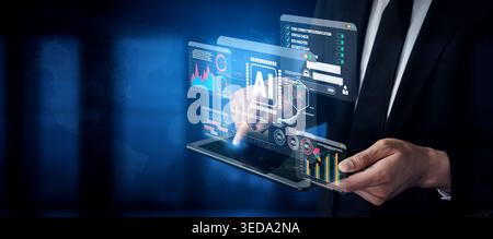 Professionisti aziendali che interagiscono con l'interfaccia tecnologica moderna con intelligenza artificiale e visualizzazione dei dati per soluzioni innovative Foto Stock