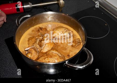 Pezzi di pollo sospesi in una salsa saporita, preparando un pasto abbondante a casa Foto Stock