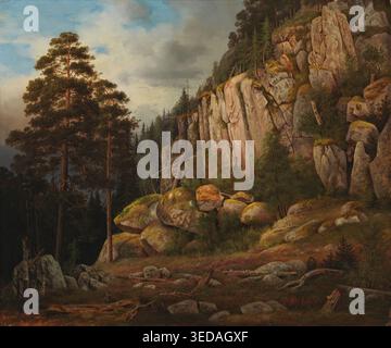 Illustrazione storica del rivestimento del sale nel golfo di Haminal di Magnus von Wright, raffigurante un aspro paesaggio nordico con scogliere rocciose, pini e massi sparsi sotto un cielo leggermente illuminato, 1867. Foto Stock